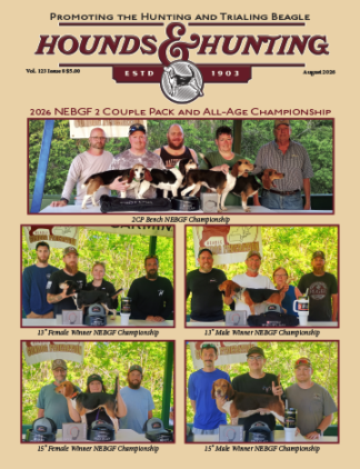 Cover of the August issue of Hounds & Hunting Magazine featuring the NEBGF 2CP & All‑Age National Championship.